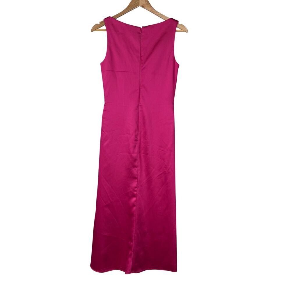 Mac Duggal NWT Pink Satin Ruched V-Neck Faux Wrap Midi Dress Size 4 Sleeveless - Picture 4 of 10